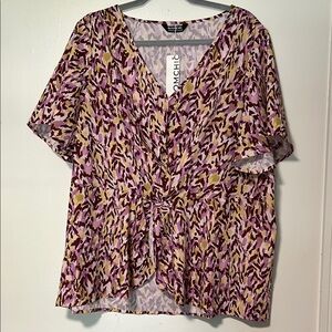 BloomChic Purple and Yellow Graphic Flutter Sleeve Blouse